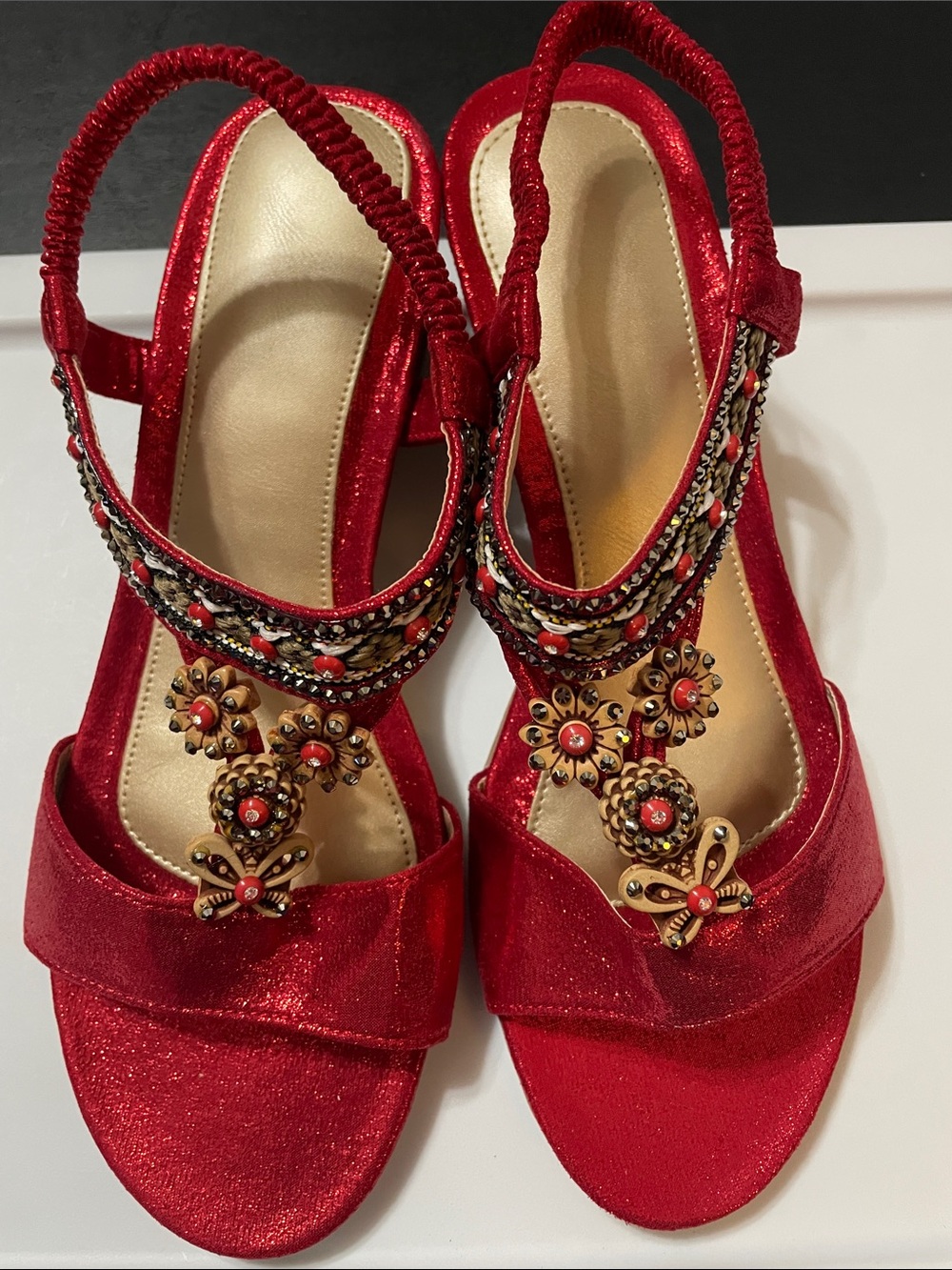 Red Beaded Slingback Women's Heels NEW Sz. 41 UK ( 8.5 ) USA Fancy & Unique